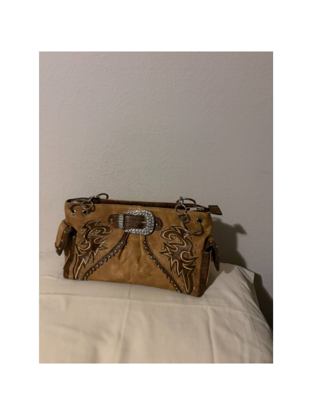 Tan Western Buckle Handbag w/ Rhinestones & Tooled Detail
